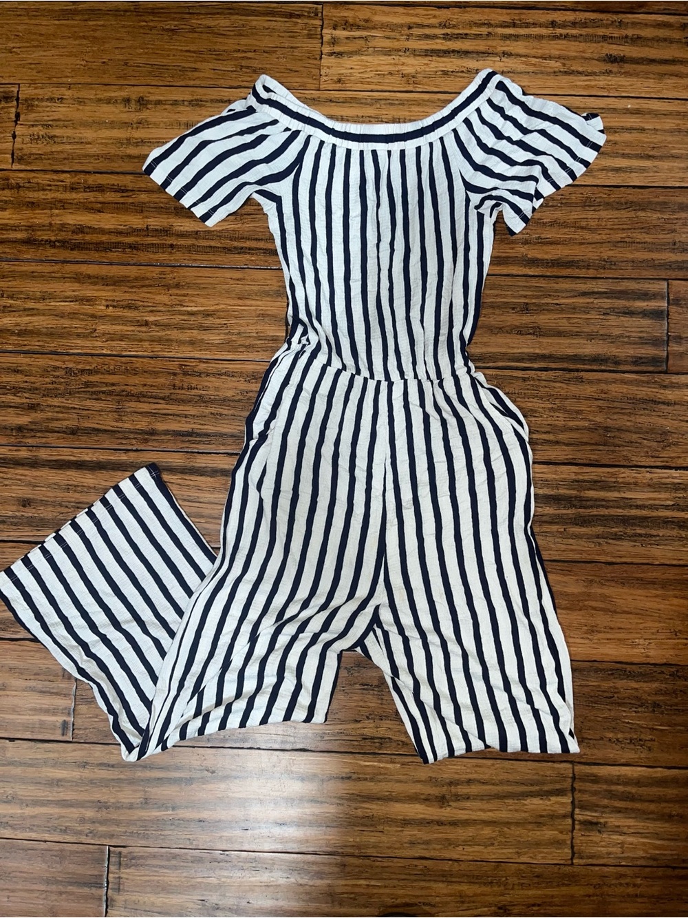 Striped Off-Shoulder Women’s One-Piece Jumpsuit - Navy & White
